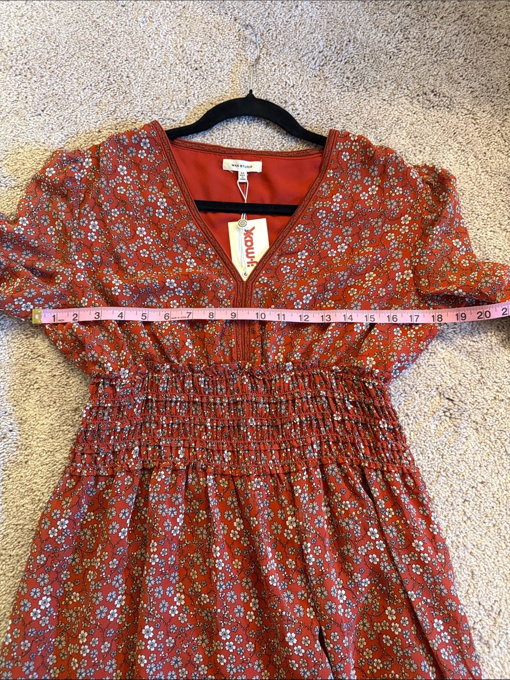 Max Studios Red Floral V-Neck Smocked Waist Mini Dress - Picture 12 of 16